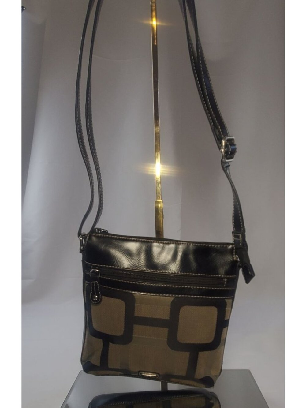 Nine West Geometric Canvas Black Leather Crossbody Bag Shoulder Purse Y2K 2000s